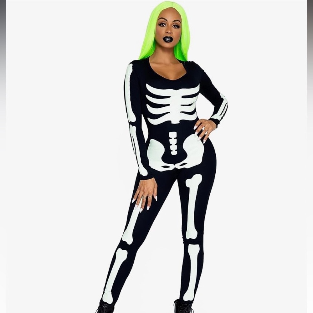 ~NWT Leg Avenue Women's Glow in The Dark Skeleton Bodysuit Halloween Costume~